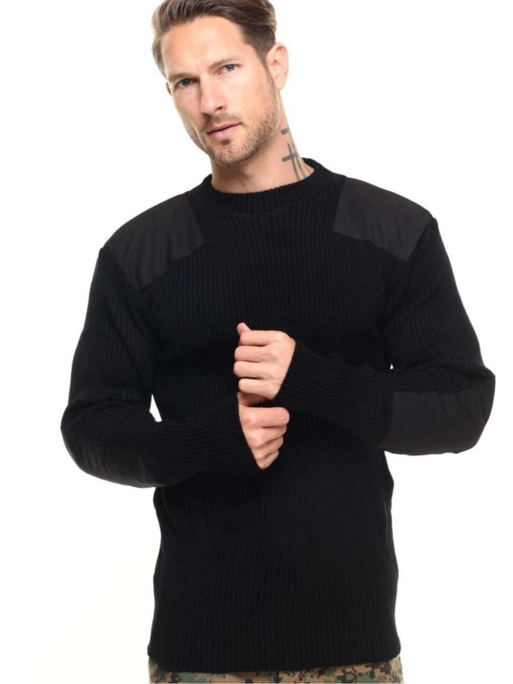 Commando Men's Black Ribbed Crewneck Sweater with Shoulder Panels